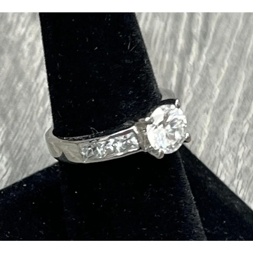 Silver Tone CZ Engagement Ring‎ Round Solitaire Channel Set Band Womens Wedding